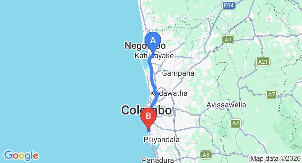 Driving route map: Colombo Airport (CMB) to Mount Lavinia Home Stay, Mount Lavinia (42 km, approx 1 h 7 min private transfer)