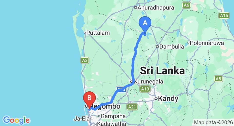 Driving route map: Avukana to Colombo Airport (CMB) (147 km, approx 3 h 7 min private transfer)