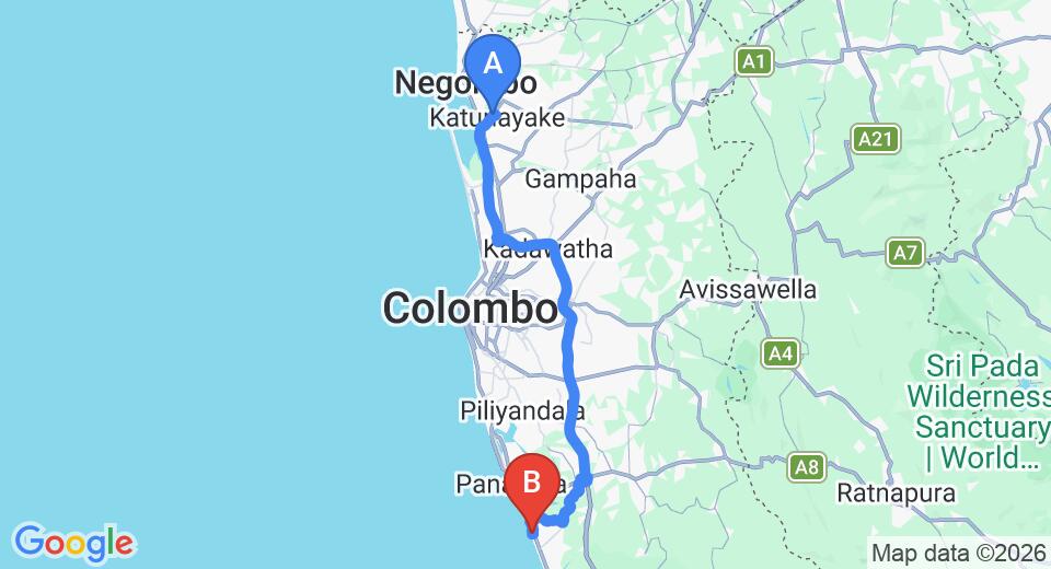 Driving route map: Colombo Airport (CMB) to Larns Villa, Wadduwa (80 km, approx 1 h 27 min private transfer)