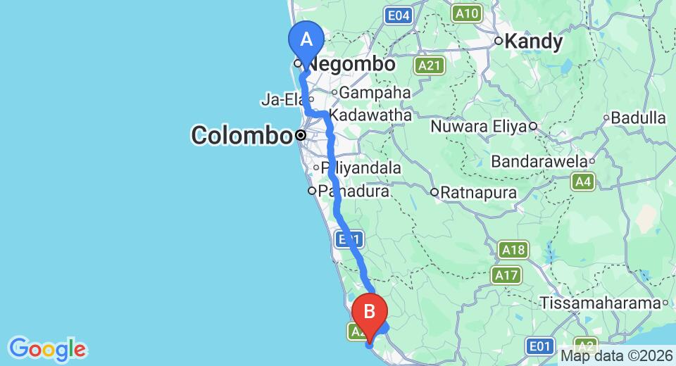 Driving route map: Colombo Airport (CMB) to MO River House, Hikkaduwa (144 km, approx 2 h 9 min private transfer)