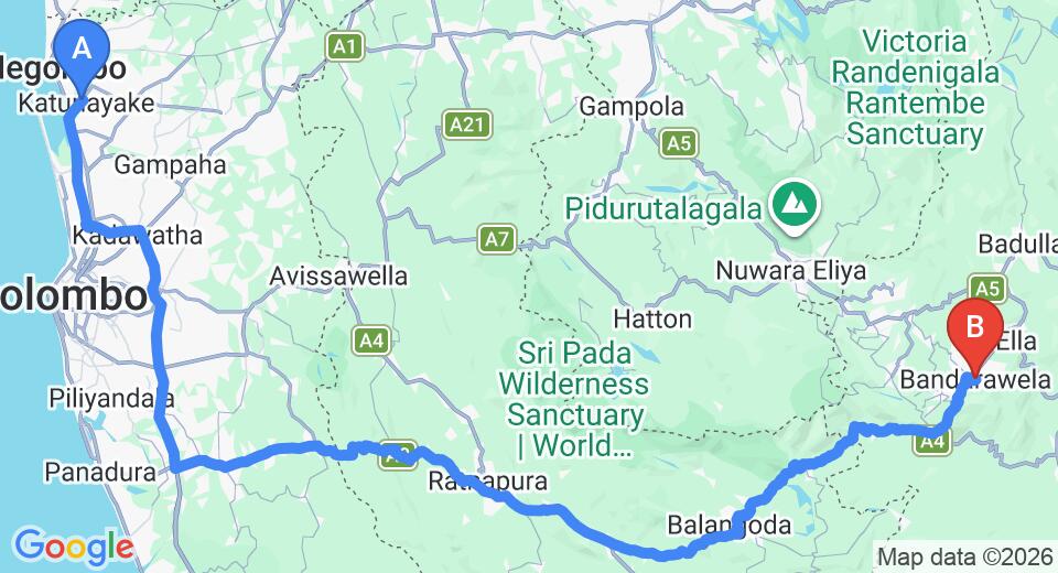 Driving route map: Colombo Airport (CMB) to Ampersand Holiday Home, Bandarawela (220 km, approx 5 h 23 min private transfer)