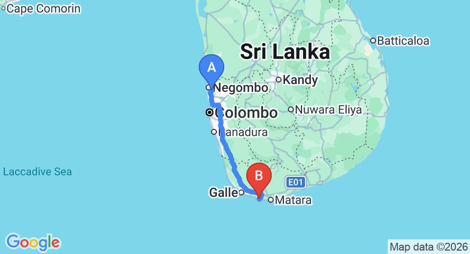Driving route map: Colombo Airport (CMB) to Ayurvie Retreat, Weligama (174 km, approx 2 h 29 min private transfer)
