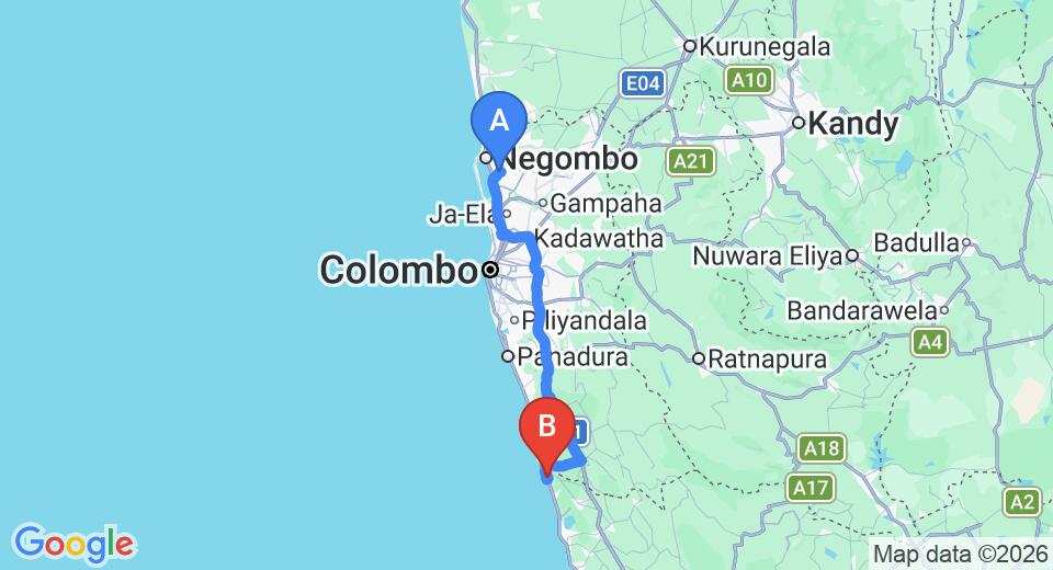 Driving route map: Colombo Airport (CMB) to Warahena Beach Hotel, Bentota (110 km, approx 1 h 44 min private transfer)