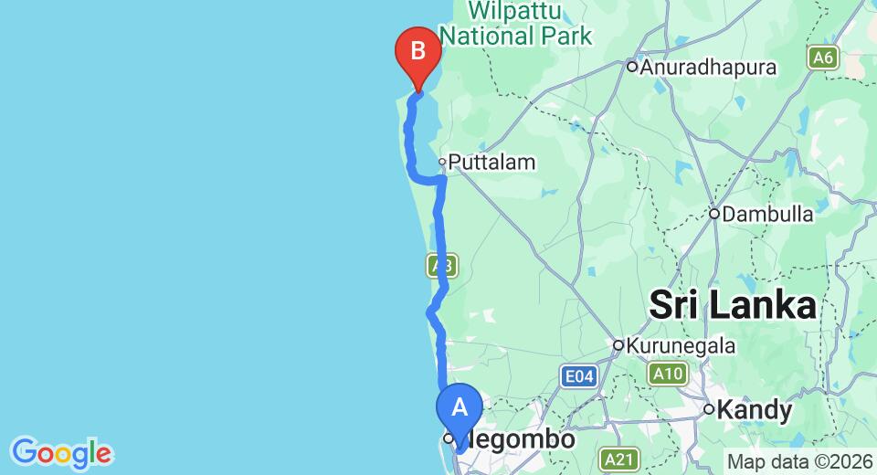 Driving route map: Colombo Airport (CMB) to Turtle Point Lodge, Kalpitiya (140 km, approx 3 h 17 min private transfer)