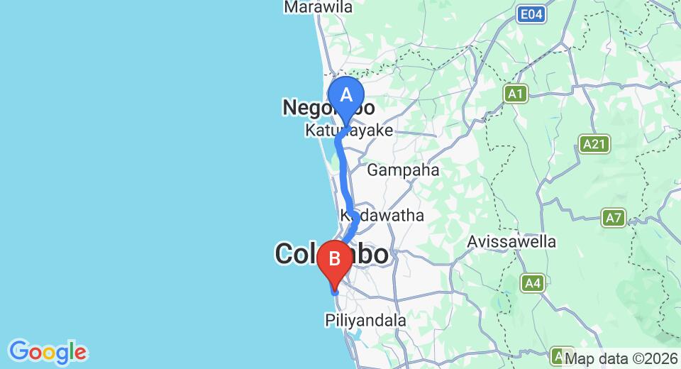 Driving route map: Colombo Airport (CMB) to Palm Beach Hotel, Mount Lavinia (41 km, approx 1 h 1 min private transfer)