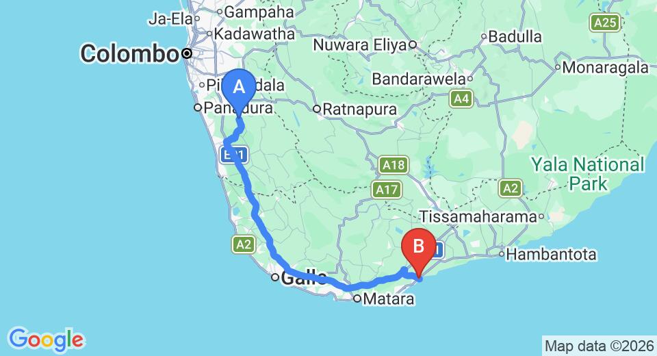 Driving route map: Yala to Tangalle (148 km, approx 2 h 17 min private transfer)