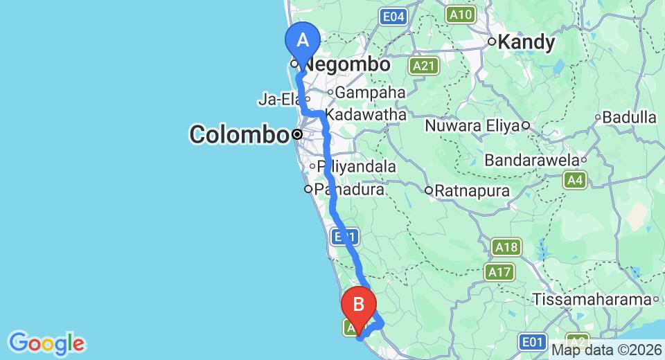 Driving route map: Colombo Airport (CMB) to Hotel Moon Beam, Hikkaduwa (144 km, approx 2 h 9 min private transfer)