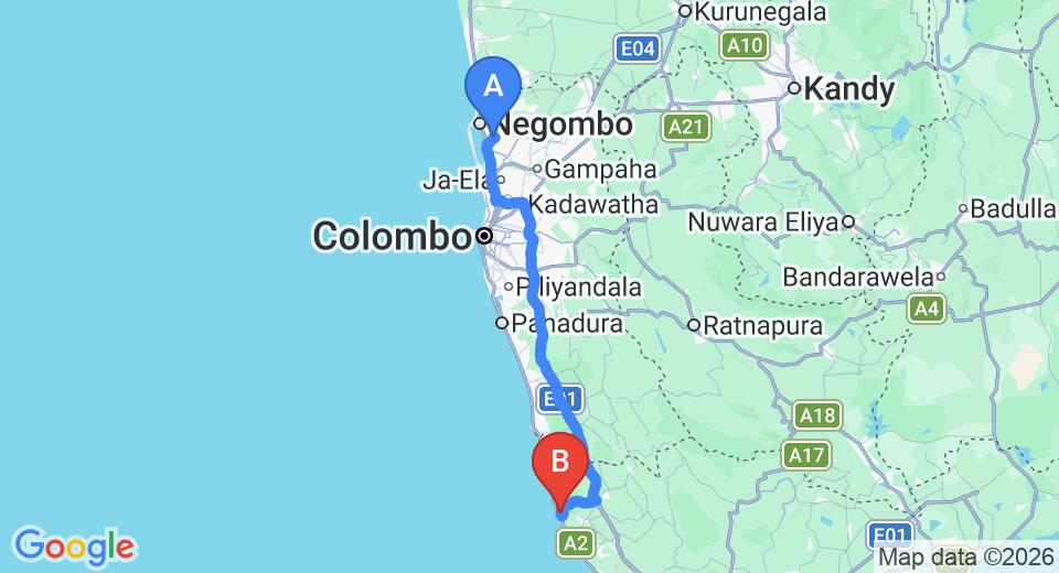 Driving route map: Colombo Airport (CMB) to Refurbished Colonial house, Galle (132 km, approx 2 h 5 min private transfer)