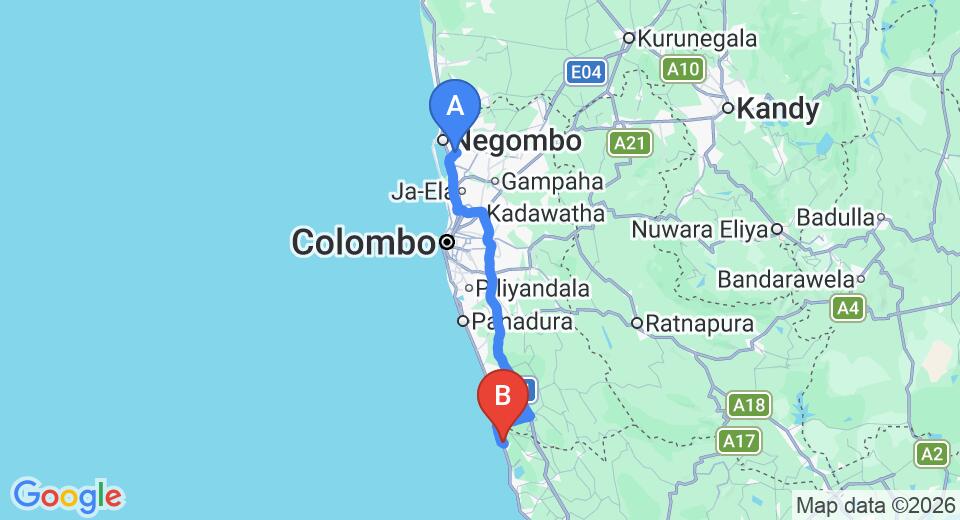 Driving route map: Colombo Airport (CMB) to Hotel Panchi Beach, Induruwa (114 km, approx 1 h 51 min private transfer)