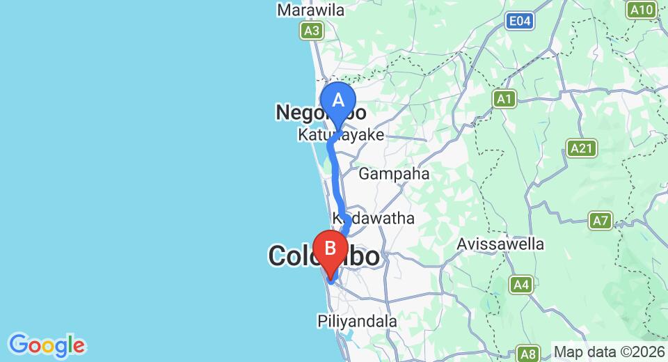 Driving route map: Colombo Airport (CMB) to Havelock Residencies, Colombo (37 km, approx 54 min private transfer)