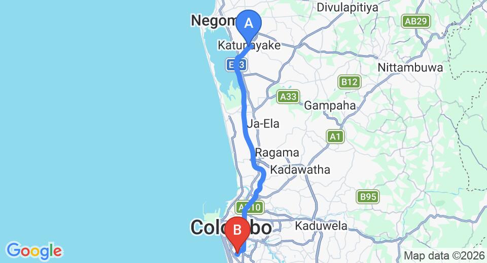Driving route map: Colombo Airport (CMB) to Roni's Hideout, Colombo (36 km, approx 49 min private transfer)