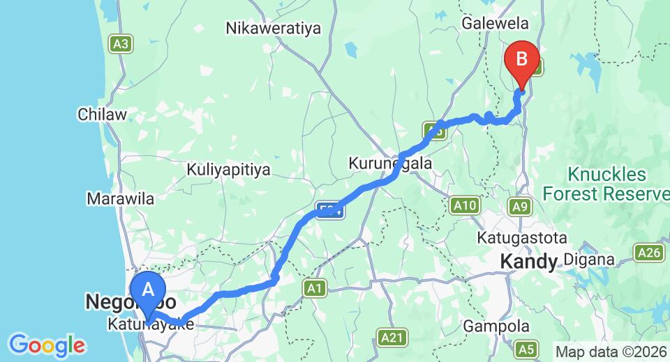Driving route map: Colombo Airport (CMB) to Jim's Farm Villas, Matale (116 km, approx 2 h 42 min private transfer)