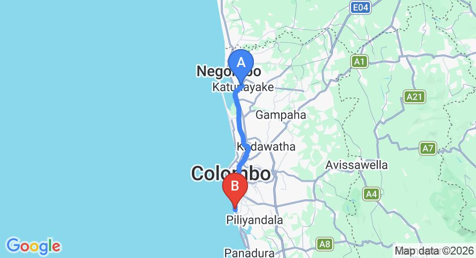 Driving route map: Colombo Airport (CMB) to Sai Abodes Home Stay, Mount Lavinia (43 km, approx 1 h 10 min private transfer)