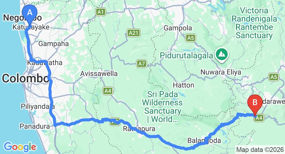 Driving route map: Colombo Airport (CMB) to Discovery Retreat Blackwood, Haputale (204 km, approx 4 h 51 min private transfer)
