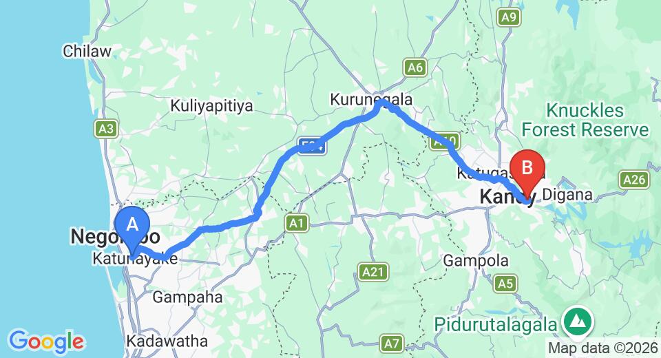 Driving route map: Colombo Airport (CMB) to Kundasale Holiday Home, Kandy (118 km, approx 2 h 58 min private transfer)
