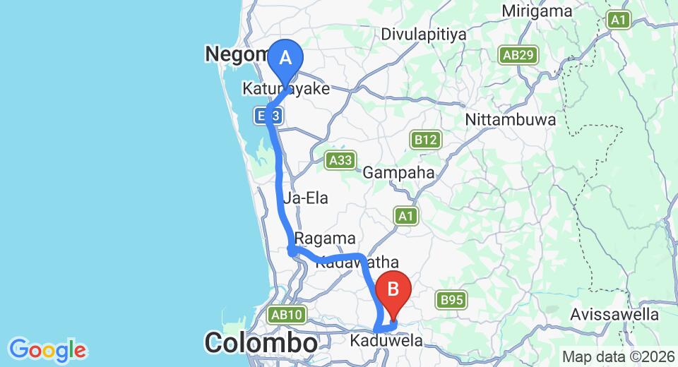 Driving route map: Colombo Airport (CMB) to Patio, Biyagama (40 km, approx 43 min private transfer)