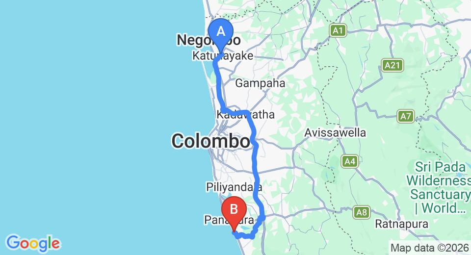 Driving route map: Colombo Airport (CMB) to Taprobana by Asia Leisure, Wadduwa (80 km, approx 1 h 26 min private transfer)