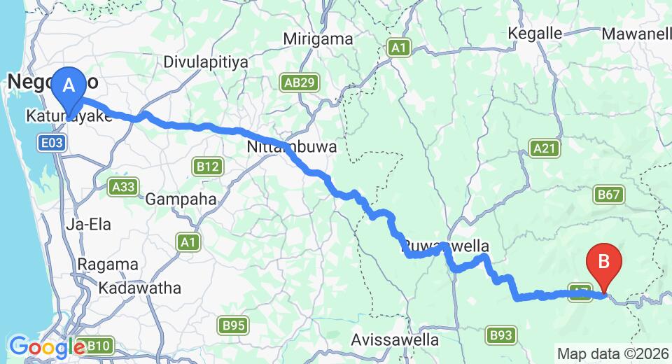 Driving route map: Colombo Airport (CMB) to Kithulgala Resort, Kitulgala (81 km, approx 2 h 24 min private transfer)