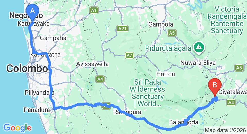 Driving route map: Colombo Airport (CMB) to World's End Lodge, Ohiya (200 km, approx 4 h 48 min private transfer)