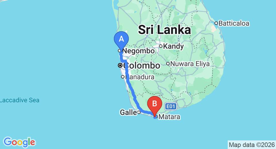 Driving route map: Colombo Airport (CMB) to Beach Inns Holiday Resort, Matara (185 km, approx 2 h 35 min private transfer)