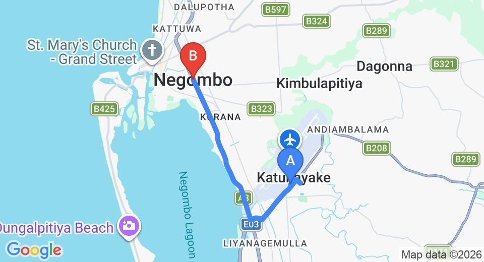 Driving route map: Colombo Airport (CMB) to Lanka Beach Hotel, Negombo (9 km, approx 20 min private transfer)