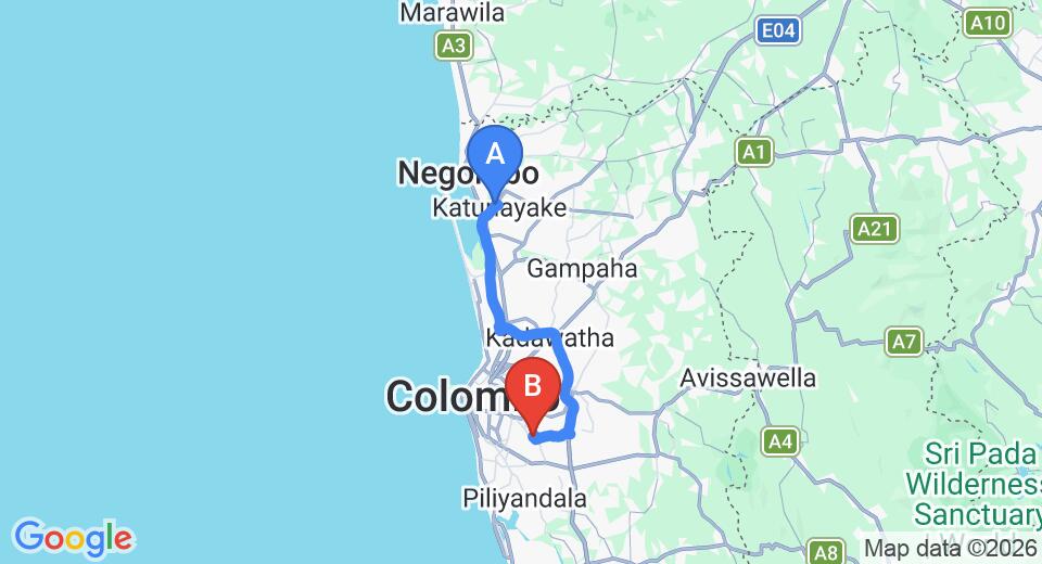 Driving route map: Colombo Airport (CMB) to La Villa Sanctuary, Colombo (50 km, approx 58 min private transfer)