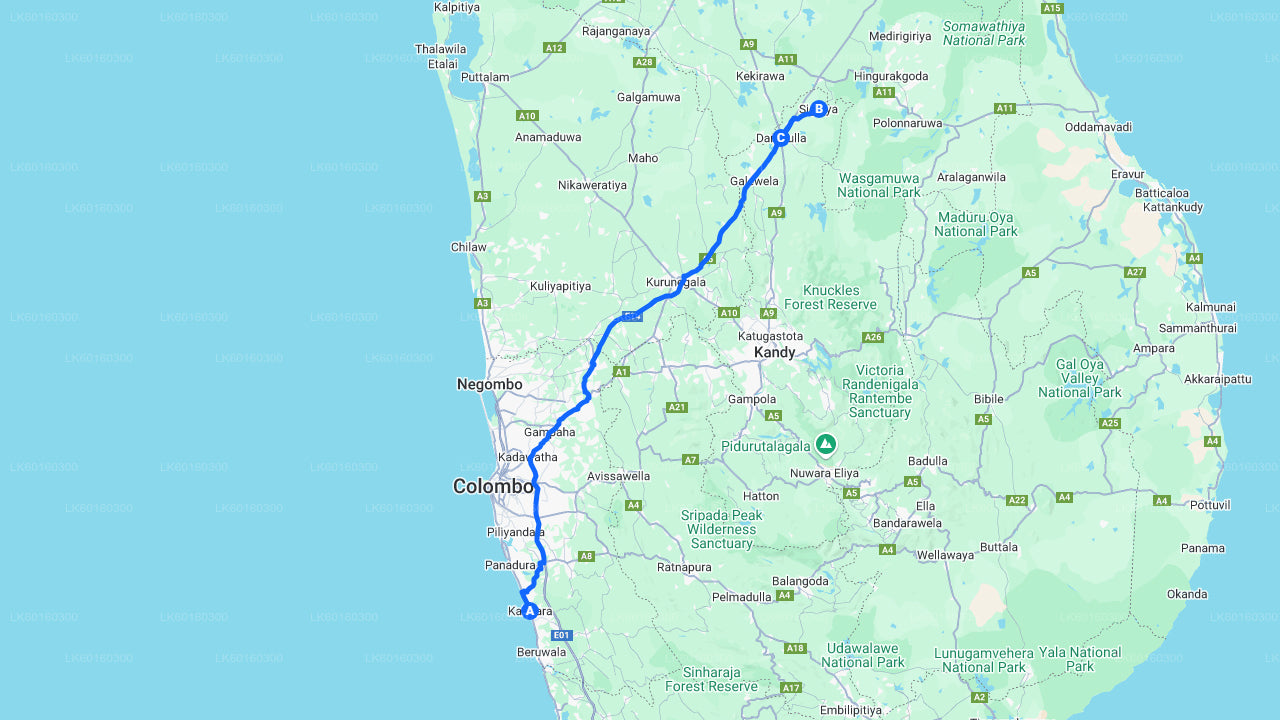 Sigiriya Rock och Dambulla grotta från Kalutara