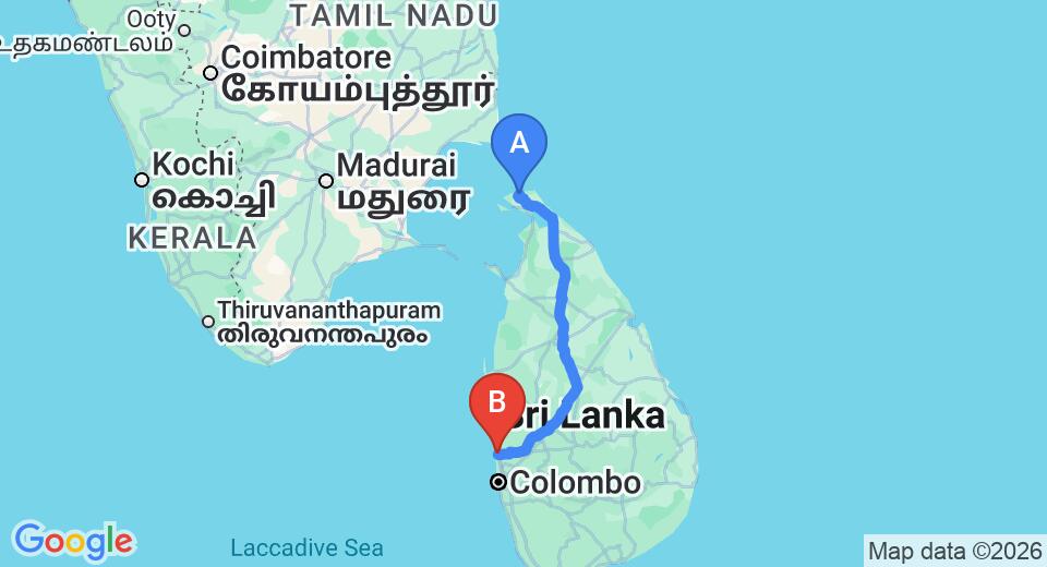Driving route map: Jaffna (JAF) Airport to Negombo (384 km, approx 7 h 32 min private transfer)