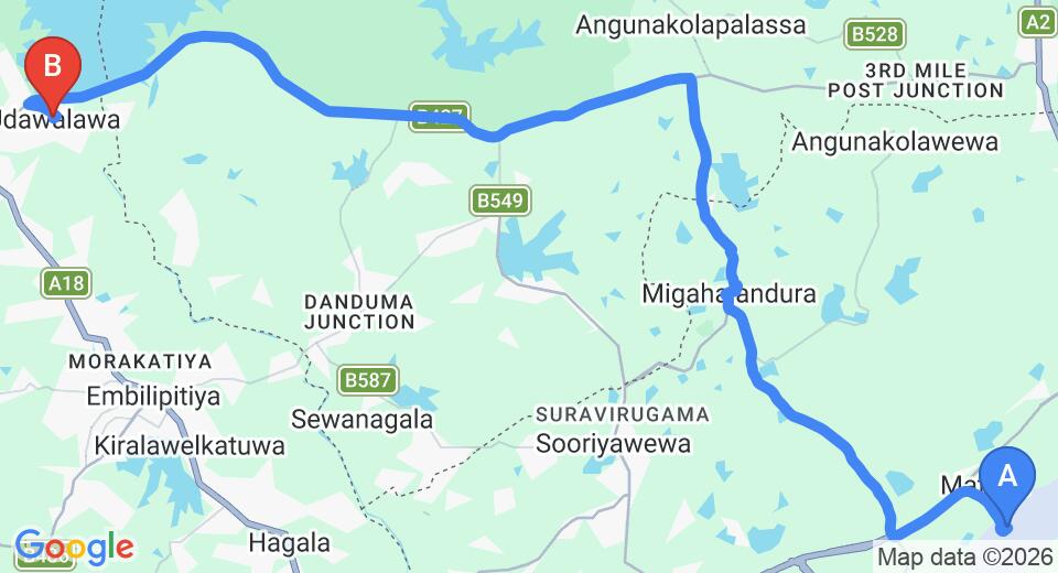 Driving route map: Mattala (HRI) Airport to Udawalawe (51 km, approx 59 min private transfer)