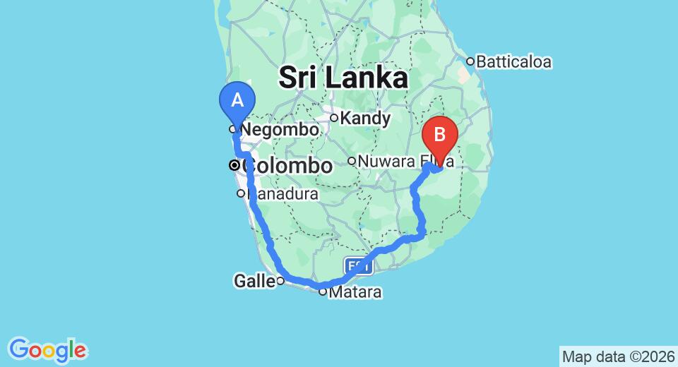 Driving route map: Colombo Airport (CMB) to Rasara Guest Inn, Moneragala (367 km, approx 5 h 25 min private transfer)