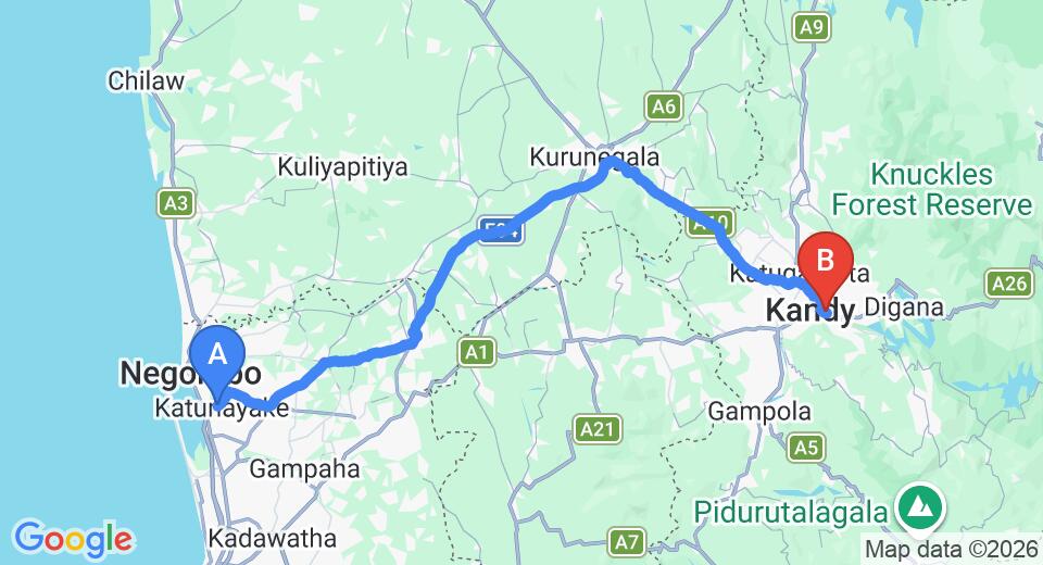 Driving route map: Colombo Airport (CMB) to Hotel Mountain View,, Kandy (117 km, approx 2 h 57 min private transfer)