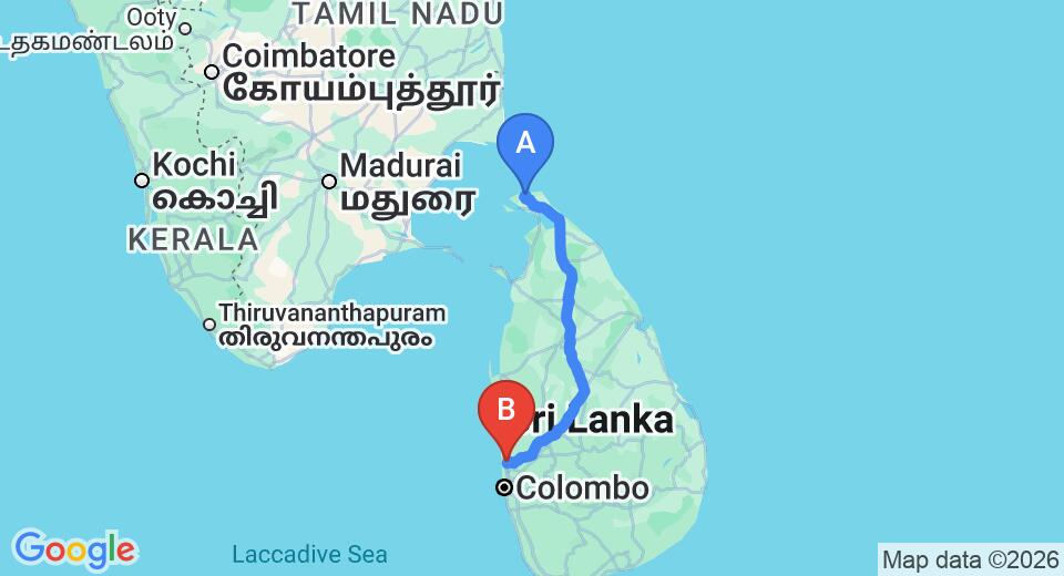 Driving route map: Jaffna (JAF) Airport to Katunayake (383 km, approx 7 h 34 min private transfer)