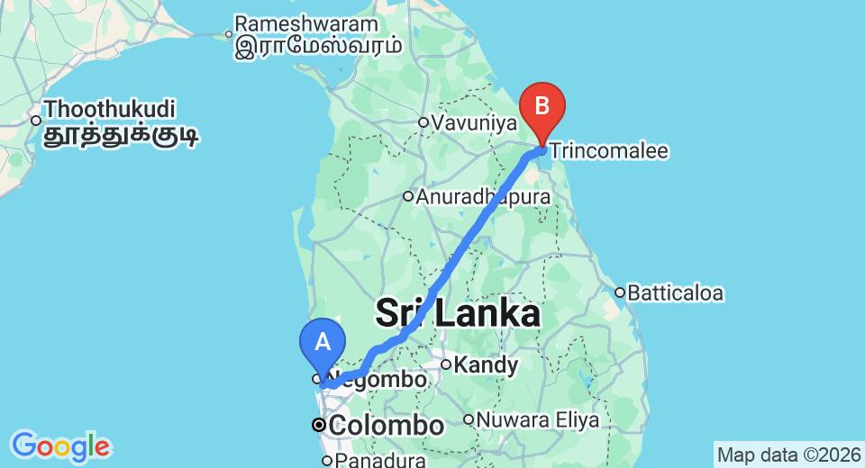 Driving route map: Colombo Airport (CMB) to JKAB Beach Resort, Trincomalee (236 km, approx 4 h 48 min private transfer)