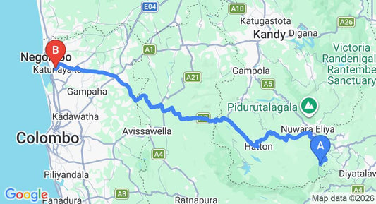 Driving route map: Horton Plains to Colombo Airport (CMB) (176 km, approx 5 h 31 min private transfer)