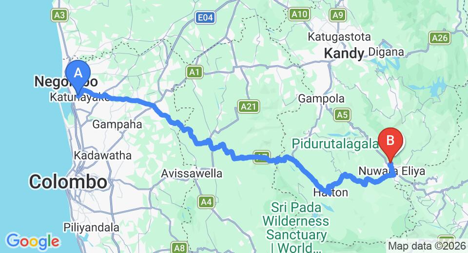 Driving route map: Colombo Airport (CMB) to Brockenhurst Nuwaraeliya, Nuwara Eliya (156 km, approx 4 h 51 min private transfer)
