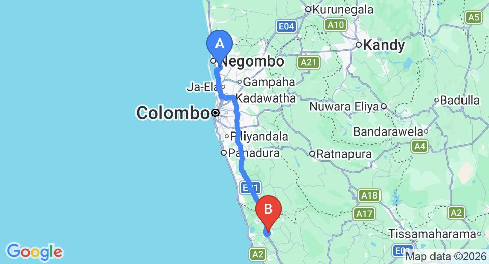 Driving route map: Colombo Airport (CMB) to Wasantha Guest House and Restaurant, Elpitiya (119 km, approx 1 h 40 min private transfer)