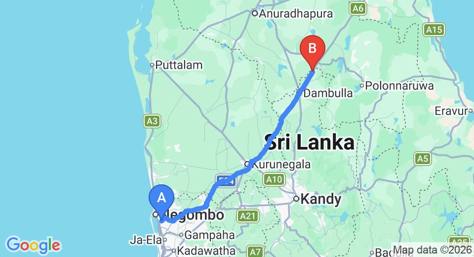 Driving route map: Colombo Airport (CMB) to Pinthaliya Resort and Spa, Sigiriya (145 km, approx 3 h 6 min private transfer)