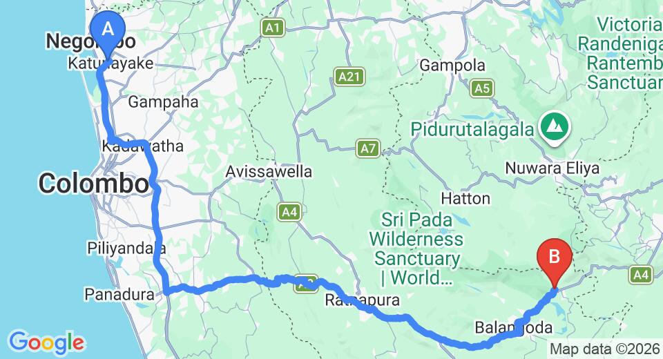 Driving route map: Colombo Airport (CMB) to Water Garden, Belihuloya (179 km, approx 4 h 7 min private transfer)