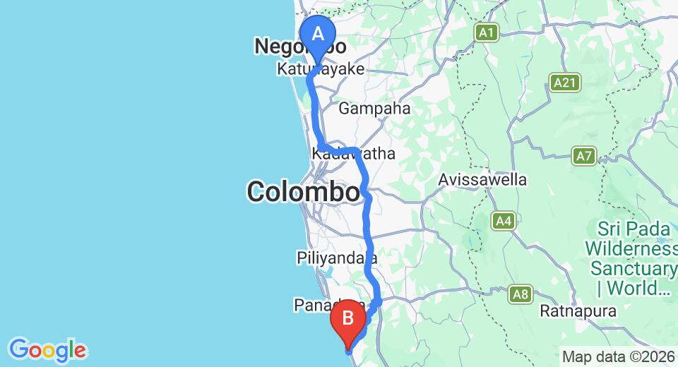 Driving route map: Colombo Airport (CMB) to Green Shadows Beach Hotel, Kalutara (79 km, approx 1 h 24 min private transfer)