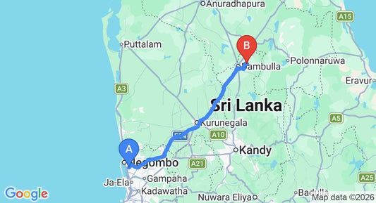 Driving route map: Colombo Airport (CMB) to Kandalama (140 km, approx 3 h 5 min private transfer)
