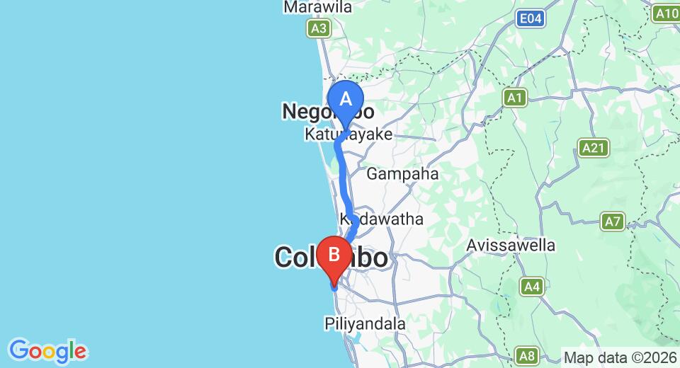 Driving route map: Colombo Airport (CMB) to Hotel Sapphire, Colombo (39 km, approx 58 min private transfer)