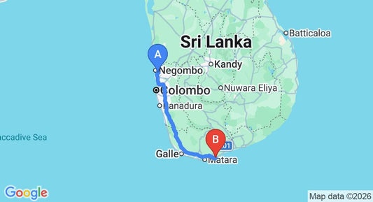 Driving route map: Colombo Airport (CMB) to UTMT by Jetwing, Dikwella (200 km, approx 2 h 51 min private transfer)