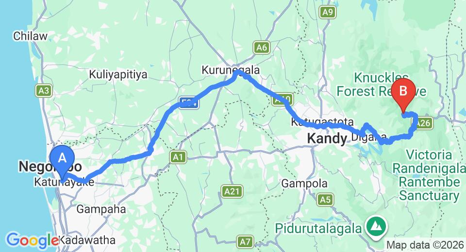 Driving route map: Colombo Airport (CMB) to Knuckles Windy Holiday Bungalow, Kandy (167 km, approx 4 h 33 min private transfer)