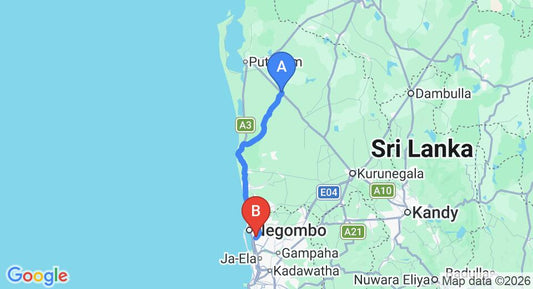 Driving route map: Anamaduwa to Colombo Airport (CMB) (98 km, approx 2 h 24 min private transfer)