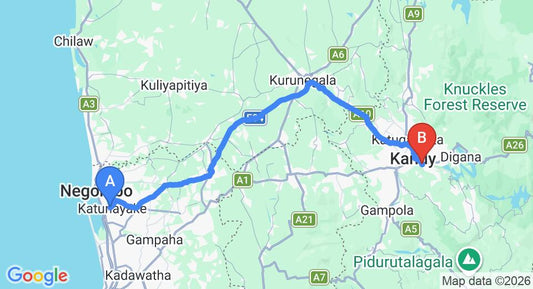 Driving route map: Colombo Airport (CMB) to The Golden Crown Hotel, Kandy (117 km, approx 2 h 58 min private transfer)