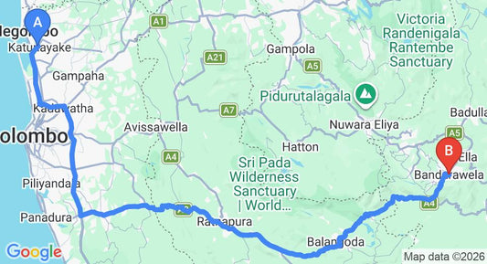 Driving route map: Colombo Airport (CMB) to Ranmal Tea Plantation Bungalow, Bandarawela (220 km, approx 5 h 23 min private transfer)
