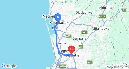 Driving route map: Colombo Airport (CMB) to Kadawatha (32 km, approx 35 min private transfer)