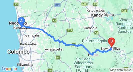 Driving route map: Colombo Airport (CMB) to Galway Forest Lodge Hotel, Nuwara Eliya (155 km, approx 4 h 46 min private transfer)