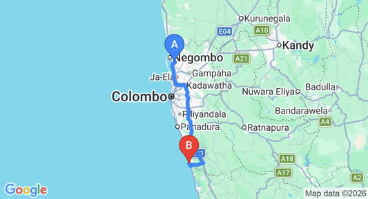 Driving route map: Colombo Airport (CMB) to Neptune Ayurveda Village, Beruwala (109 km, approx 1 h 42 min private transfer)