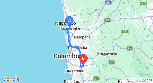 Driving route map: Colombo Airport (CMB) to Homagama (52 km, approx 53 min private transfer)
